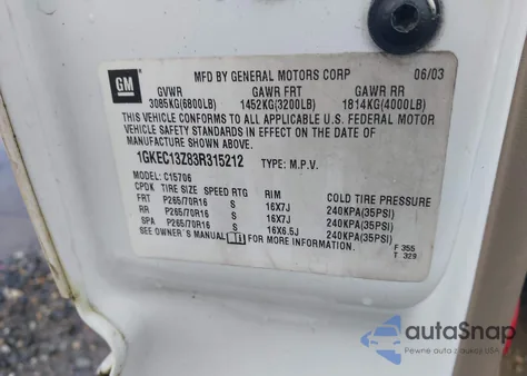 2003 GMC Yukon Slt from USA, damaged, VIN 1GKEC13Z83R315212